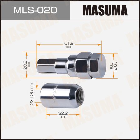 Wheel internal hex nut Masuma M12x1.25R, with adapter, set of 20pcs, MLS-020